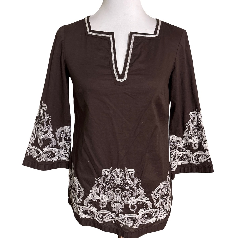 Michael Kors Brown Tunic Cotton Spandex White Embroidery